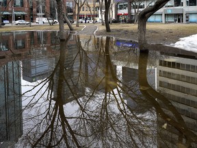 Melting snow at Abbey Glen Park in downtown Edmonton creates an artistic mirrored reflection on Sunday March 24, 2019. (PHOTO BY LARRY WONG/POSTMEDIA)