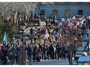 After GSA supporters rallied in front of the Alberta Legislature they marched to the building that Jason Kenney's campaign office is in. Edmonton, March 27, 2019.
