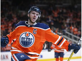 Edmonton Oilers' Connor McDavid celebrates his goal during second period NHL hockey action against the Ottawa Senators in Edmonton, Saturday, March 23, 2019.