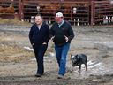 UCP Leader Jason Kenney (left) and farmer Ken Lewis, and Lewis’ dog Woody, are seen as Kenney announces a rural crime fighting initiative at Lewis’ farm near Sangudo, Alberta on March 27, 2019. Photos by Ian Kucerak /Postmedia