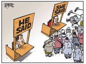 Justin Trudeau and Jody Wilson Raybould engage in "he said, she said". (Cartoon by Malcolm Mayes)