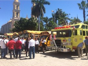 Fire trucks driven by  Northern Alberta Rotarians arrive to help in needy communities in and near Mazatlan in 2018. Rotarians will drive their 100th emergency vehicle to Mazatlan starting this week.