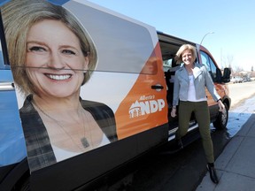 Premier Rachel Notley gets out of her van to support Calgary-East candidate Cesar Cala in Calgary on Thursday, March 21, 2019.