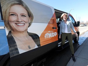 Premier Rachel Notley gets out of her van to support Calgary-East candidate Cesar Cala in Calgary on Thursday, March 21, 2019.