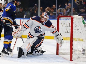Edmonton Oilers' goalie Mikko Koskinen (19) allows a goal against the St. Louis Blues during the second period of an NHL hockey game Tuesday, March 19, 2019 in St. Louis.