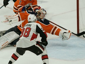 Ottawa Senators Rudolf Balcers watches the puck go into the net past Edmonton Oilers goalie in overtime during NHL game action in Edmonton on Saturday March 23, 2019. The Senators defeated the Oilers by a score of 4-3.