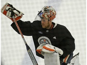 Edmonton Oilers goalie Mikko Koskinen at team practice in Edmonton on Friday February 8, 2019.