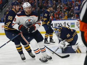 Edmonton Oilers forward Leon Draisaitl scores on Buffalo Sabres goalie Linus Ullmark during the first period of their NHL game on March 4, 2019, in Buffalo, N.Y.