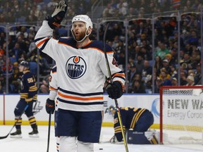 Edmonton Oilers forward Zack Kassian celebrates his goal during NHL action on March 4, 2019, against the host Buffalo Sabres.