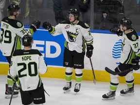 Edmonton Oil KIngs Trey Fix-Wolansky (27) celebrates his second period goal against the Kootenay Ice with teammates during WHL action on Sunday, March 10, 2019, in Edmonton.