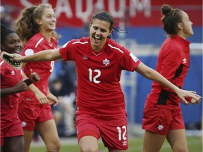 Canada forward Christine Sinclair (12) celebrates at the conclusion of a soccer match against Panama at the CONCACAF women's World Cup qualifying tournament in Frisco, Texas, Sunday, Oct. 14, 2018. Sinclair scored the lone goal in a 1-0 win against Scotland at the Algarve Cup in Lagos, Portugal on Friday.