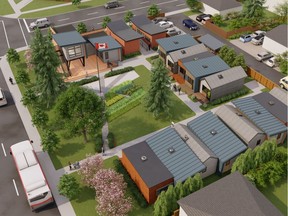 A design for a tiny home village for veterans experiencing homelessness in Calgary. Non-profit Homes for Heroes hopes to build a similar project in north Edmonton.