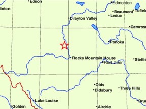 Earthquakes Canada reports a 4.3 magnitude earthquake hit at about 4 a.m. on March 10, 2019, about 32 kilometres northwest of Rocky Mountain House.