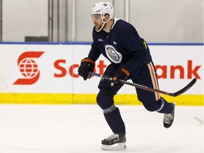 Edmonton Oilers' Leon Draisaitl (29) is seen during a team practice at the Downtown Community Rink in Rogers Place in Edmonton, on Friday, April 5, 2019. The players played with their off hand during their last local practice of the season.