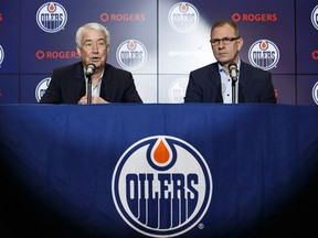 Edmonton Oilers CEO & Vice Chair Bob Nicholson (left) and Interim General Manager Keith Gretzky speak during a media conference at Rogers Place in Edmonton, on Monday, April 8, 2019.