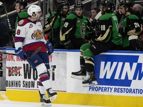 Edmonton Oil Kings forward Vince Loschiavo celebrates his goal in front of the Prince Albert Raiders bench during Game 3 WHL Eastern Conference Championship second period action at Rogers Place, in Edmonton Tuesday April 23, 2019.