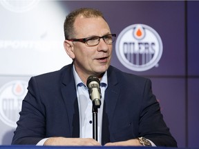 Edmonton Oilers interim general manager Keith Gretzky speaks during a media conference at Rogers Place in Edmonton on April 8, 2019.