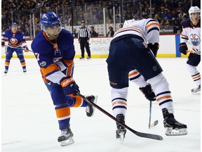 Jordan Eberle #7 of the New York Islanders takes the second period shot against the Edmonton Oilers at the Barclays Center on Nov. 7, 2017 in the Brooklyn borough of New York City.