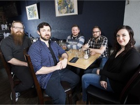 The reconstituted team at Almanac are (clockwise from chef Jan Trittenbach in striped shirt) Jon Elson, Dominique Moquim, Joshua Meachem, and chef Mark Kalnychuk.