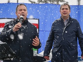 Now premier-election United Conservative Party leader Jason Kenney, left, and federal Conservative Party leader Andrew Scheer at a campaign rally in Calgary April 11, 2019.