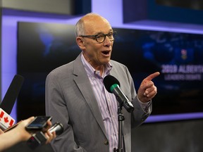 Alberta Party leader Stephen Mandel speaks to the media after the 2019 Alberta Leaders Debate in Edmonton, Alta., on Thursday, April 4, 2019. Alberta Party Leader Stephen Mandel says a government led by him would build hospitals, shorten wait times and provide predictable funding for public health care. THE CANADIAN PRESS/Codie McLachlan ORG XMIT: CPT122