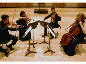 (From left) Ewald Cheung, Virginie Gagné, Kerry Kavalo and Kathleen de Caen have formed a new string quartet, the Polyphonie String Quartet, which gave its inaugural concert at the Campus Saint-Jean on Friday, April 19.