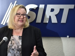 Susan Hughson, executive director of Alberta Serious Incident Response Team (ASIRT) announcing that a member of the RCMP, Const. Barnaby Seregelyi is being charged with dangerous driving, assault with a weapon, unlawful confinement and pointing a firearm, in Edmonton, April 26, 2019. This stems from a 2017 confrontation near Barrhead with another motorist.