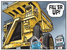 Gas jockey, Jason Kenney, attempts to fill Alberta's large expectations. (Cartoon by Malcolm Mayes)