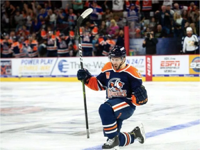 Evan Bouchard celebrates his game-tying goal.