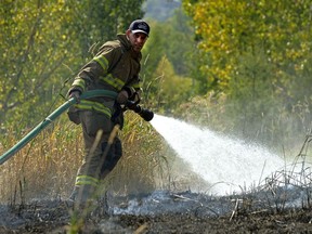 A firefighter battles a brush fire in the downtown river valley near Louise McKinney Riverfront Park in Edmonton on Saturday September 2, 0217.
