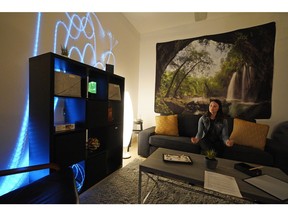 University student Katie Scoffield relaxes in the new Calm Room at the University of Alberta on Tuesday, April 23, 2019. The student-led space supports mental health through Lego, virtual reality and relaxation.