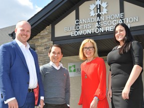 From left, CHBA president Bryce Milliken, CHBA Edmonton past president Greg Nakatsui, CHBA vice-president Marie Soprovich, and CHBA Edmonton CEO Laura Bruno at the CHBA Edmonton office.