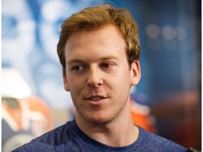 Oilers prospect Tyler Benson speaks to reporters during a press availability at Rogers Place prior to the beginning of the Edmonton Oilers' development camp in Edmonton on Saturday, July 1, 2017.