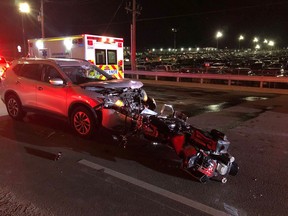A 39-year-old man is in hospital with serious but non life-threatening injuries after a collision between a motorcycle and a SUV on Airport Road in Nisku late Sunday night. (Photo provided: RCMP)