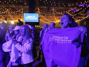 Supporters cheer as preliminary results are announced at the United Conservative Party 2019 election night headquarters in Calgary on Tuesday, April 16, 2019.