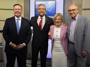 Alberta UCP Leader Jason Kenney, left, Alberta Liberal Party Leader David Khan, Alberta NDP Leader Rachel Notley and Alberta Party Leader Stephen Mandel before the party leaders debate held at CTV Edmonton studios on Thursday, April 4, 2019.