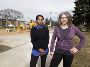 Oliver Community League's past president Lisa Brown (right) and vice-president Luwam Kiflemariam, (left) who are opposed to a plan to swap city parkland to a developer in exchange for a development site in the centre of the neighbourhood.