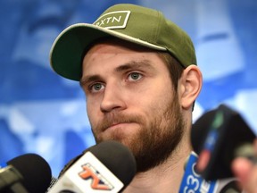Oilers forward Leon Draisaitl speaks to the media as players clean out their lockers at Rogers Place in Edmonton, April 7, 2019.