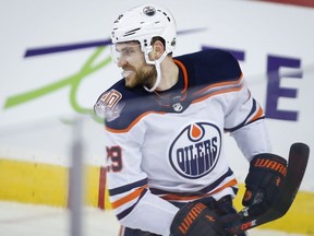 Edmonton Oilers' Leon Draisaitl celebrates his goal during first period NHL hockey action against the Calgary Flames in Calgary, Saturday, April 6, 2019.
