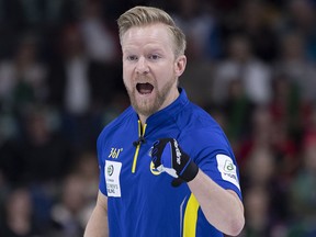 Sweden skip Niklas Edin celebrates a shot during their semifinal game against Japan at the Men's World Curling Championship in Lethbridge, Alta. on Saturday, April 6, 2019.