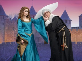 Caitlin Wood (left) as La Comtesse Adèle and John Tessier (right) as Count Ory, disguised as a nun in Edmonton Opera's new production of Rossini's comedy Count Ory, which opened Saturday, April 6.