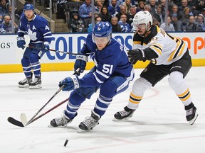 Maple Leafs defenceman Jake Gardiner played the just-completed series against the Boston Bruins with a wonky back. (Claus Andersen/Getty Images)