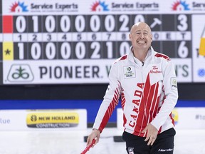 Canada skip Kevin Koe reacts to this shot during their game against the United States at the World Men's Curling Championship in Lethbridge, Alta. on Thursday, April 4, 2019.