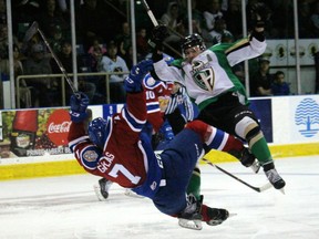 Oil Kings defenceman Parker Gavlas collides with Prince Albert Raiders right-winger Parker Kelly during Game 5 of the WHL Eastern Conference final at Art Hauser Centre on Friday, April 26, 2019.