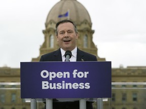 Alberta premier-designate Jason Kenney speaks at a news conference outside the Alberta legislature in Edmonton on April 17, 2019, the day after his United Conservative Party was elected to govern the province.