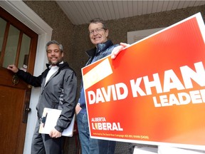 Alberta Liberal Party Leader David Khan and outgoing MLA David Swann door-knock in the Calgary-Mountain View riding on March 31, 2019.