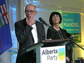 Alberta Party leader Stephen Mandel gives a speech in Edmonton after the polls closed for the provincial election in Alberta on Tuesday April 16, 2019. At his side is his wife Lynn.