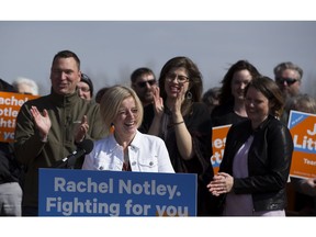 NDP leader Rachel Notley speaks to a crowd during a campaign stop on Friday, April 5, 2019, near Ardrossan .