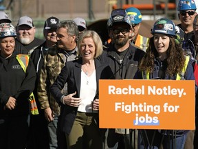 Alberta NDP Leader Rachel Notley meets with trades people at the Local Union 488 yard during a campaign stop in Edmonton on Monday April 8, 2019.