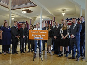 Alberta NDP Leader Rachel Notley makes a campaign speech at McKay Avenue School in Edmonton on Monday April 15, 2019 with members of her party on the eve of the provincial election in Alberta. (PHOTO BY LARRY WONG/POSTMEDIA)